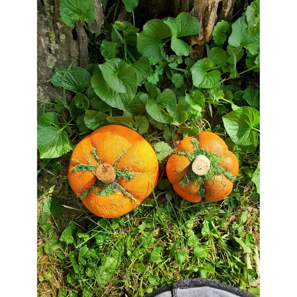 Set of (2) Hypertufa Hand Painted Pumpkins, Handmade Cement Pumpkins - Picture 5 of 8